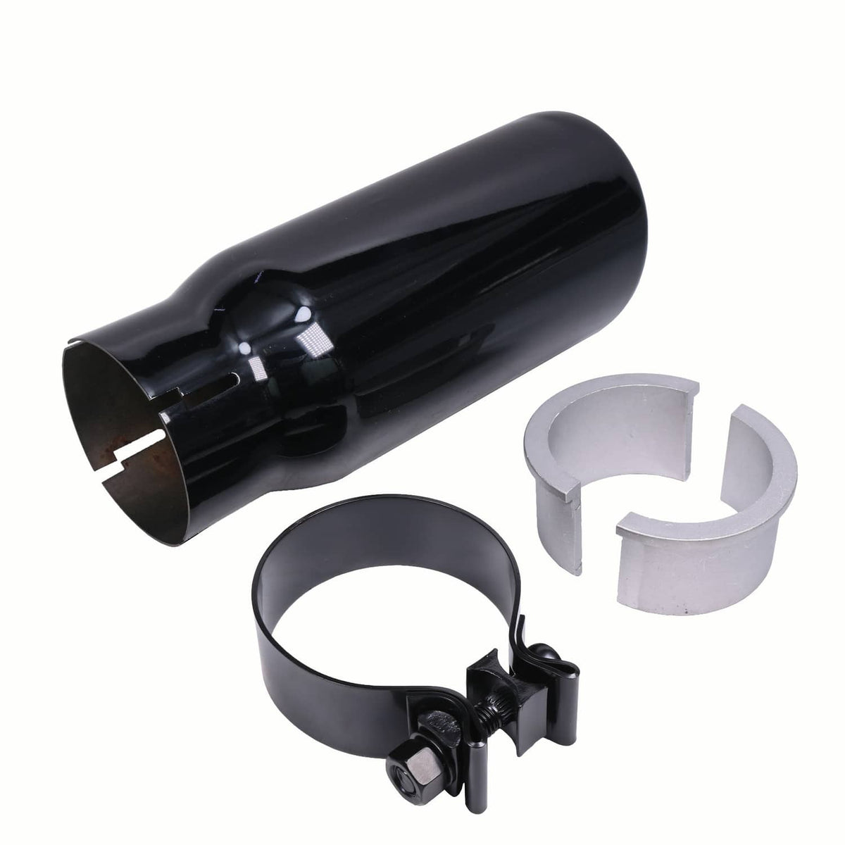 Black exhaust tip with clamp ring and silver split mounting pieces, laid-out view