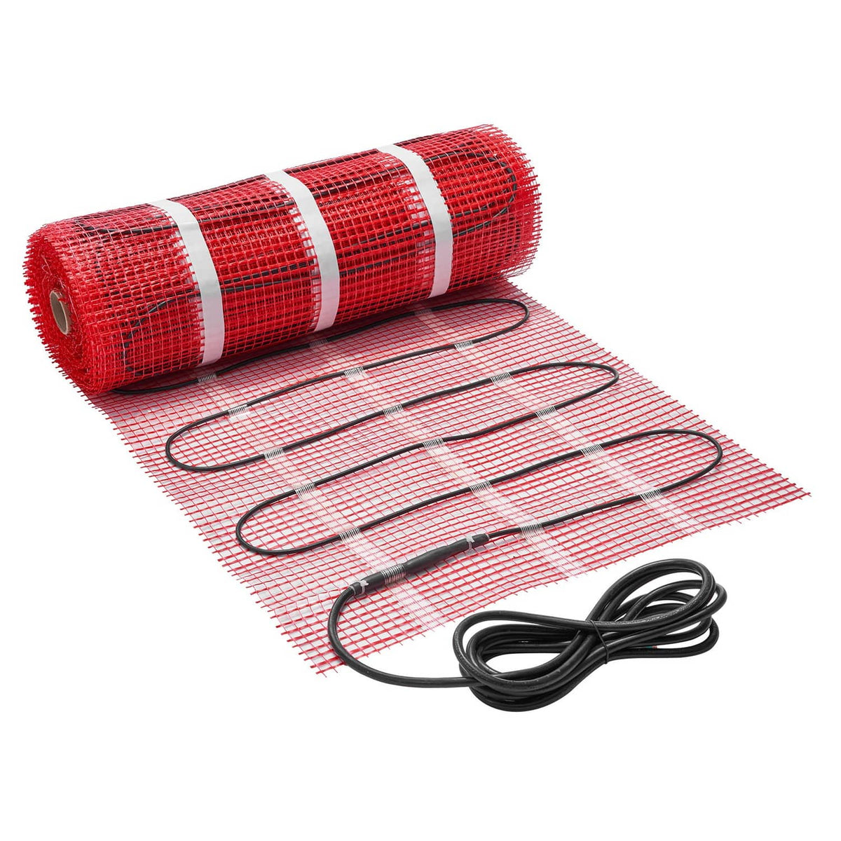 Rolled red floor heating mat with black cable coiled beside the mesh heating grid
