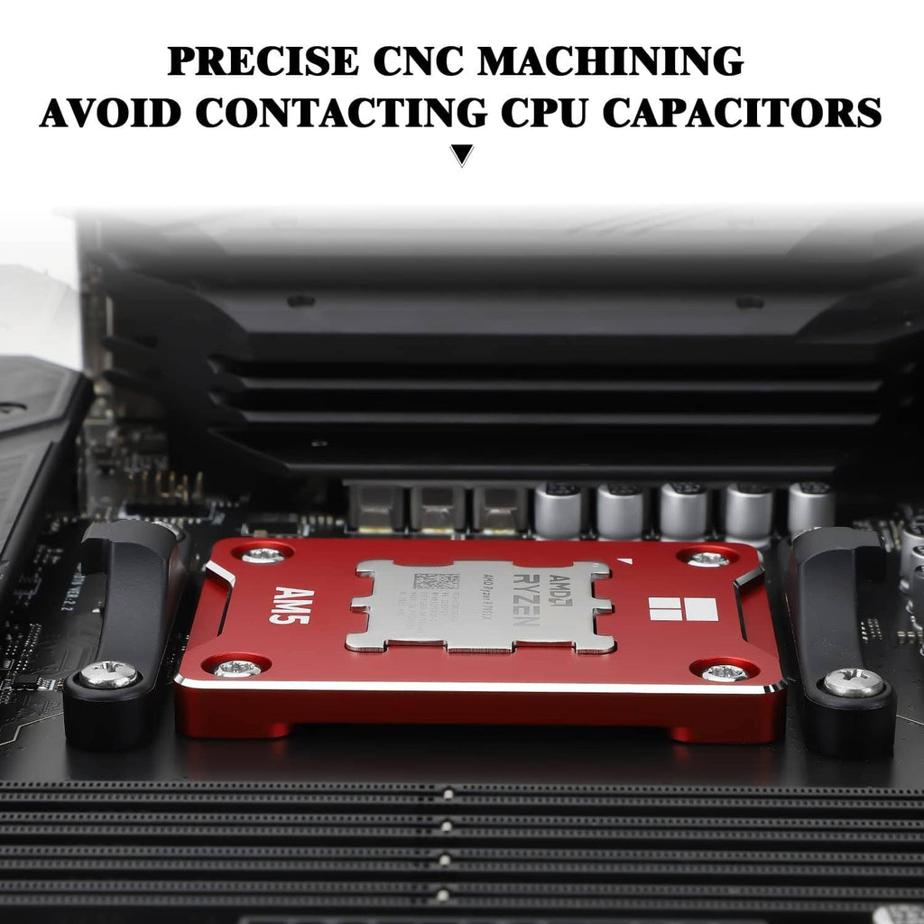 Red AM5 CPU mounting frame in motherboard socket with four mounting screws