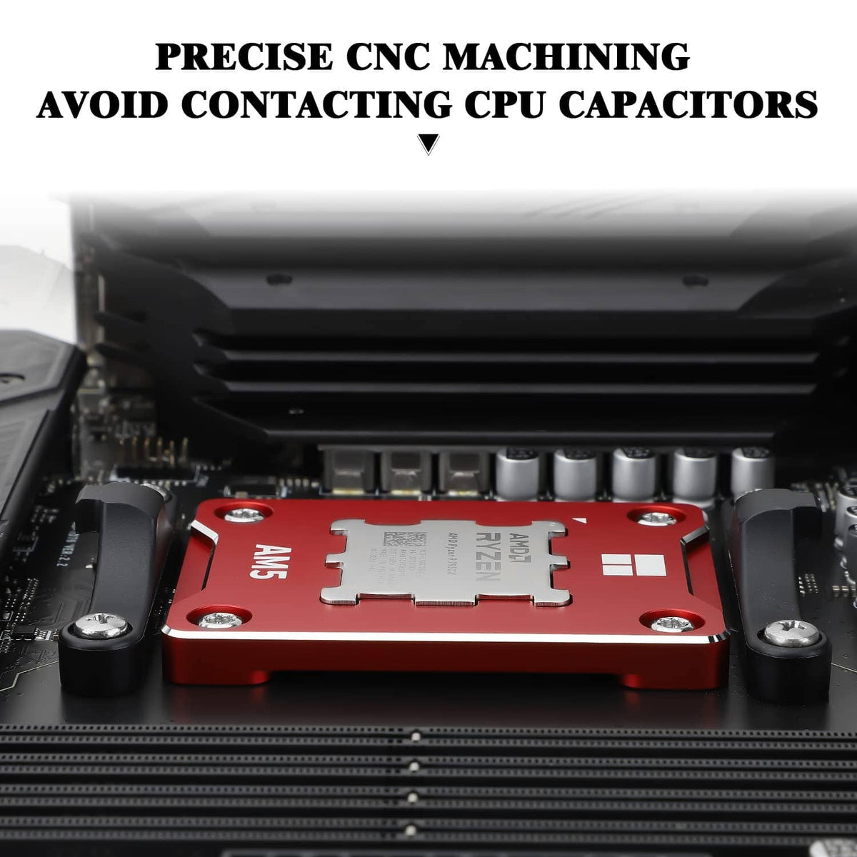 Red AM5 CPU mounting frame in motherboard socket with four mounting screws