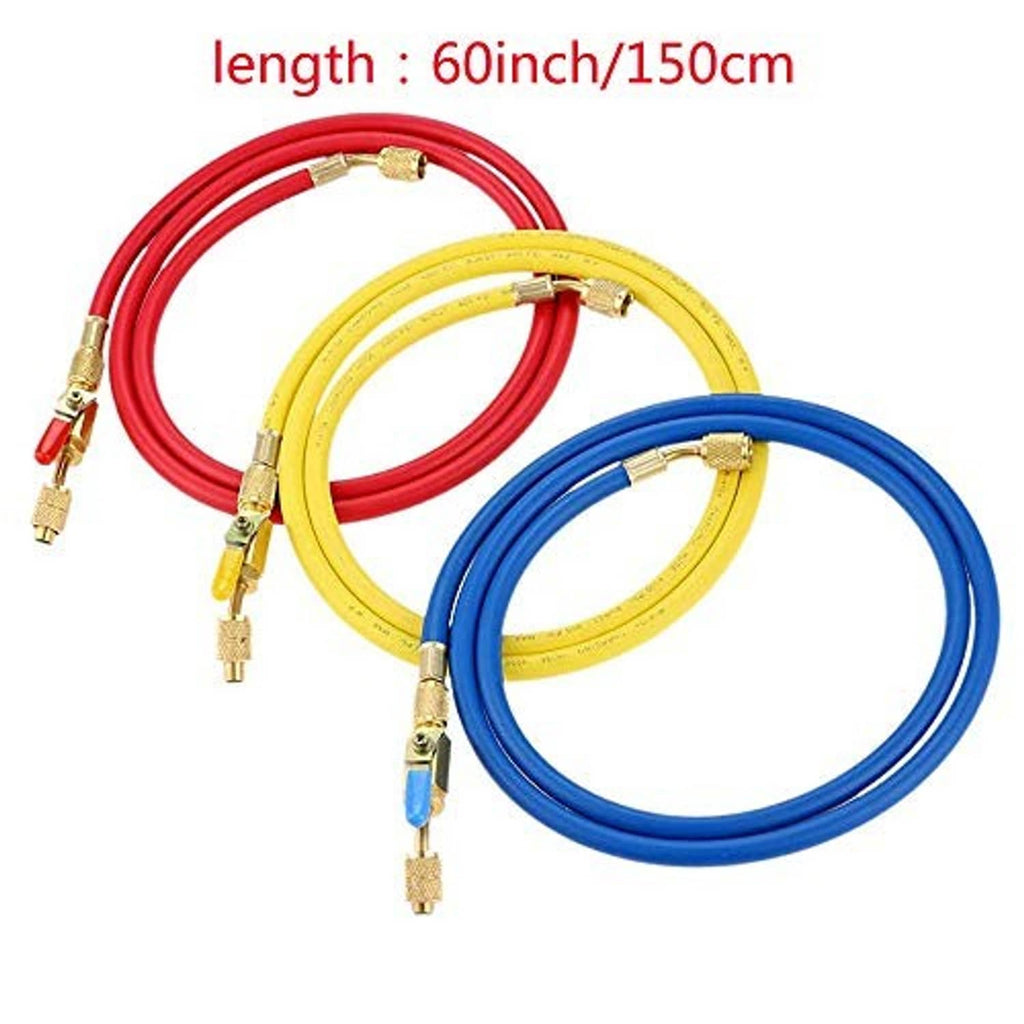 Refrigerant charging hose set with brass shutoff valves on red, yellow, and blue hoses