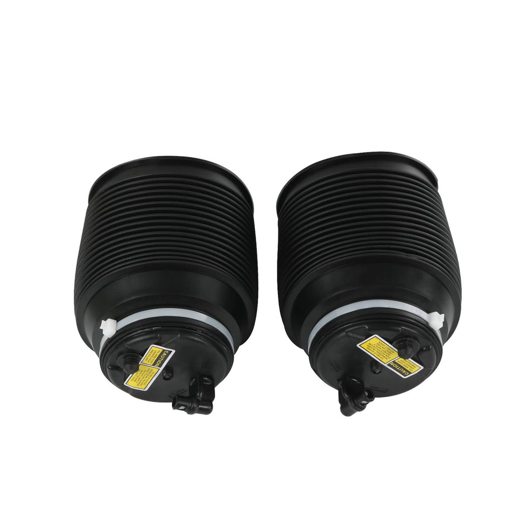 Black air suspension spring bags, rear views showing circular ports and rubber bellows.