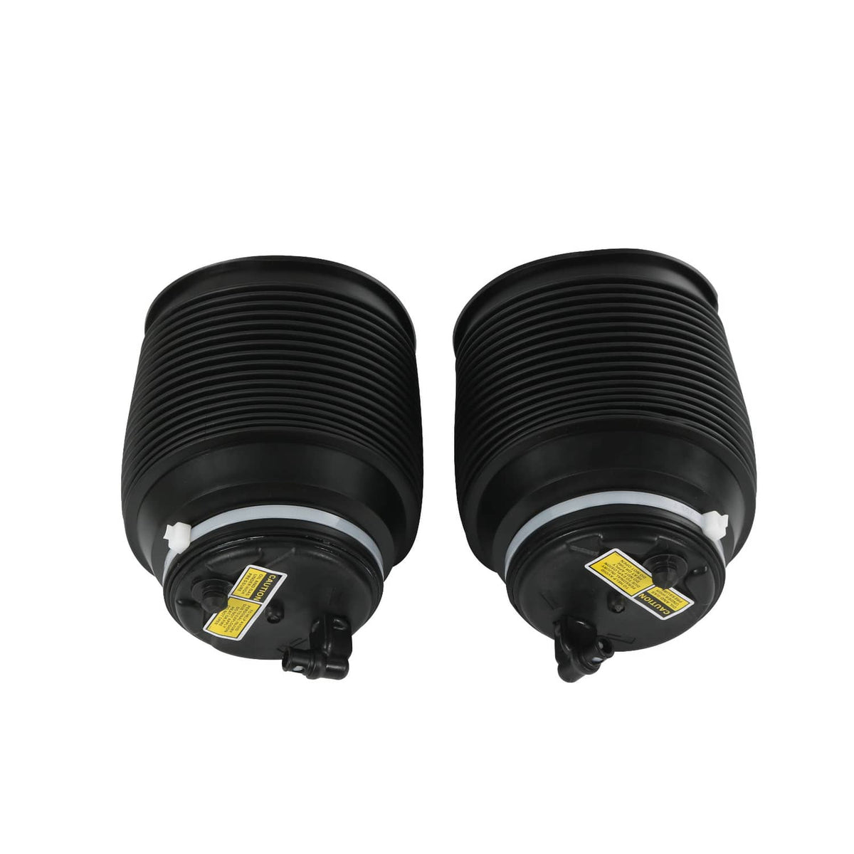 Black air suspension spring bags, rear views showing circular ports and rubber bellows.