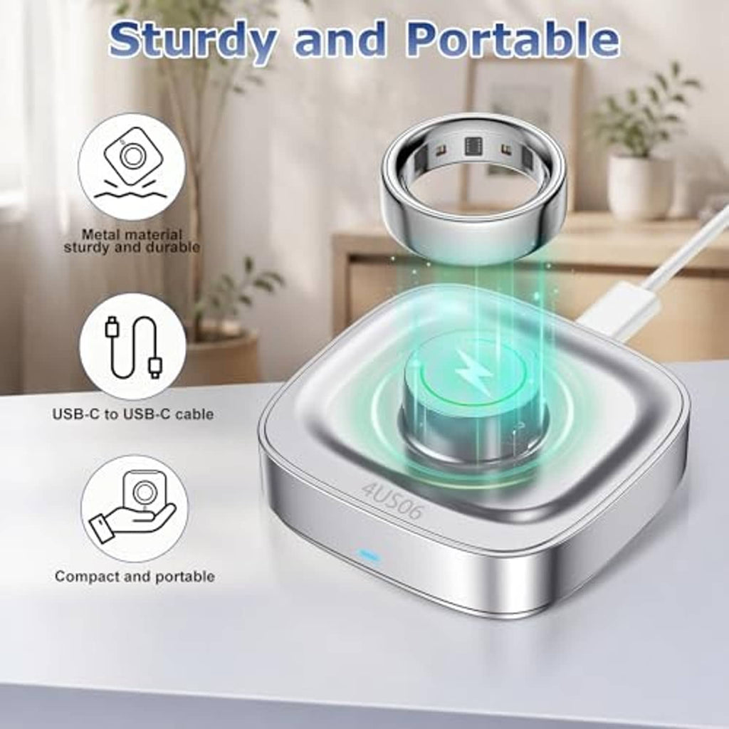 Portable silver ring charger with stable metal base and glowing charging ring cradle