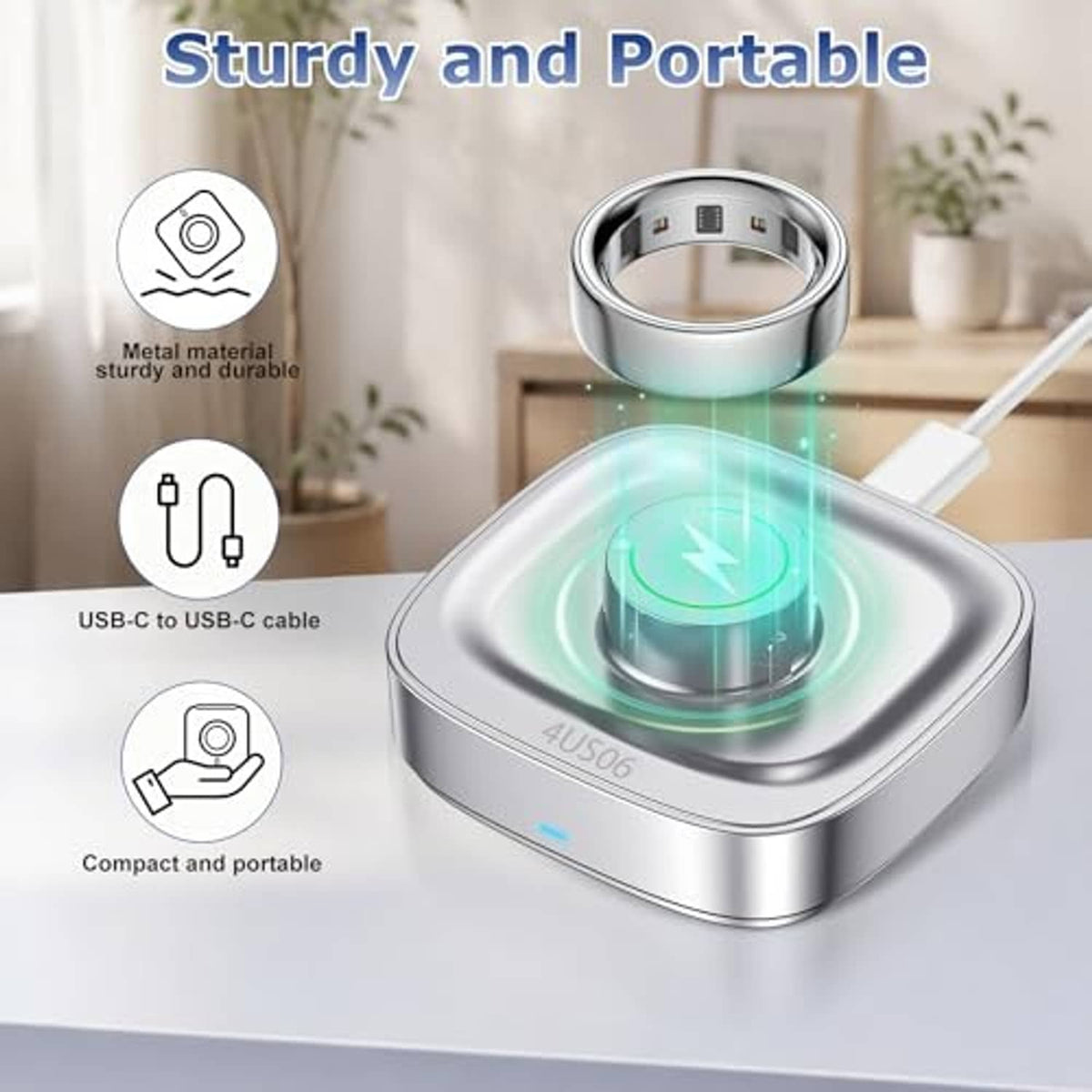 Portable silver ring charger with stable metal base and glowing charging ring cradle