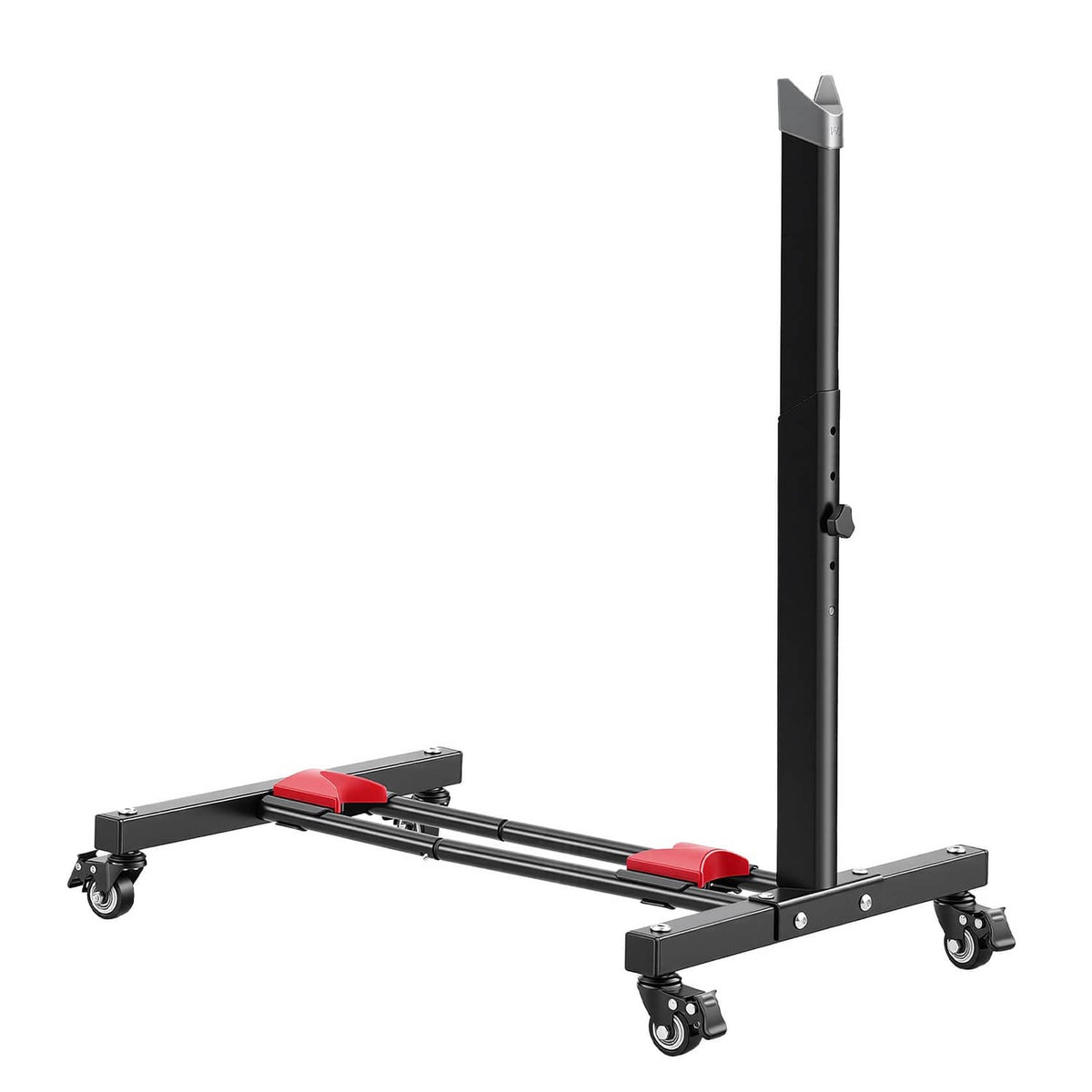 Bike storage rack with vertical frame post, black base rails, and red wheel supports