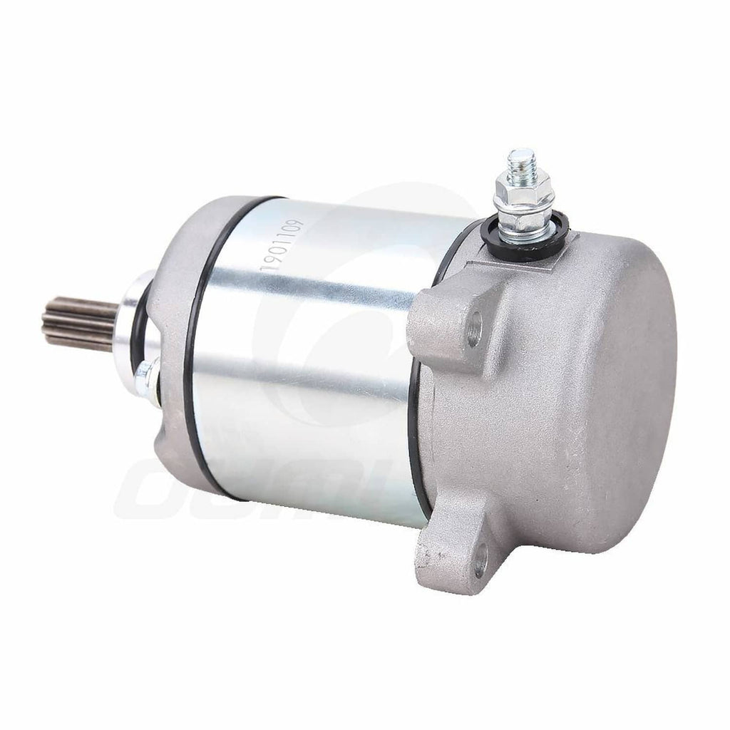 Starter motor with mounting bracket and lead terminal, silver-gray body with black ring