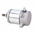 Starter motor with mounting bracket and lead terminal, silver-gray body with black ring