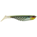 Soft plastic shad fishing lure, green and silver body with red eye and pale tail