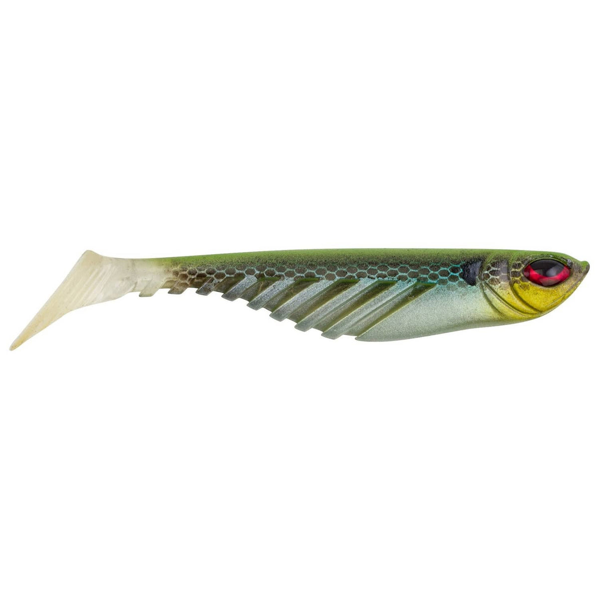 Soft plastic shad fishing lure, green and silver body with red eye and pale tail