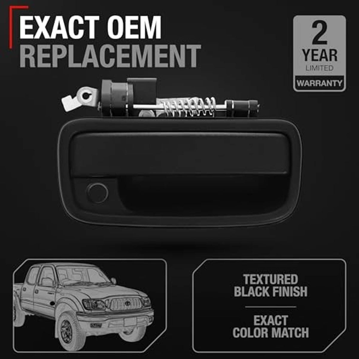 Black exterior door handle with spring-loaded latch mechanism