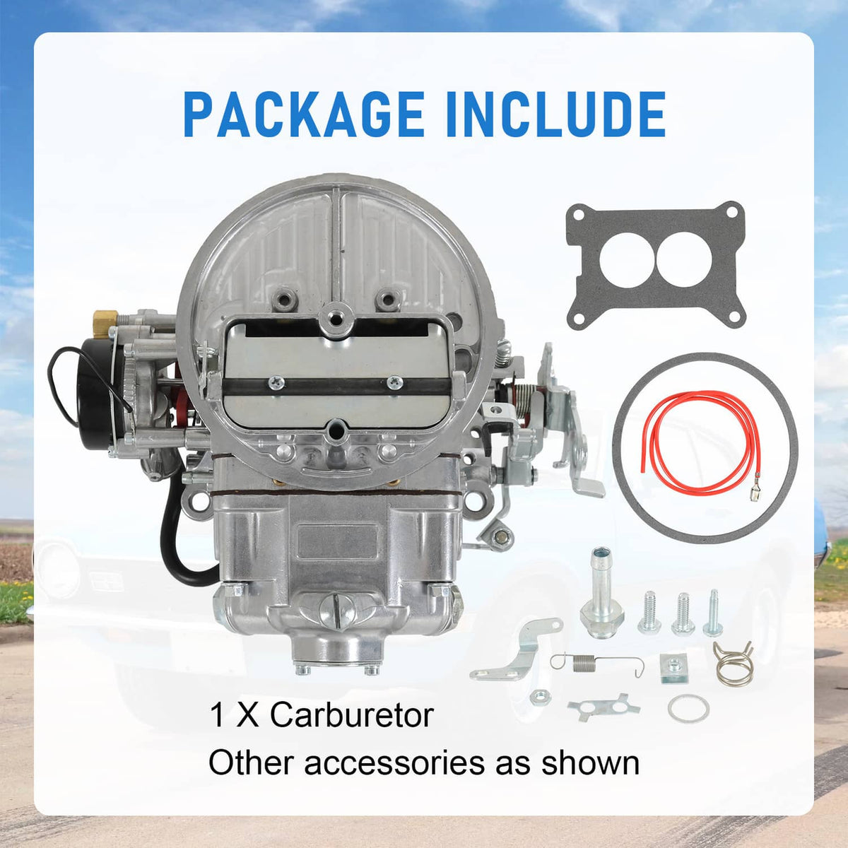 Carburetor kit showing single carburetor, wiring, gasket, and small hardware pieces