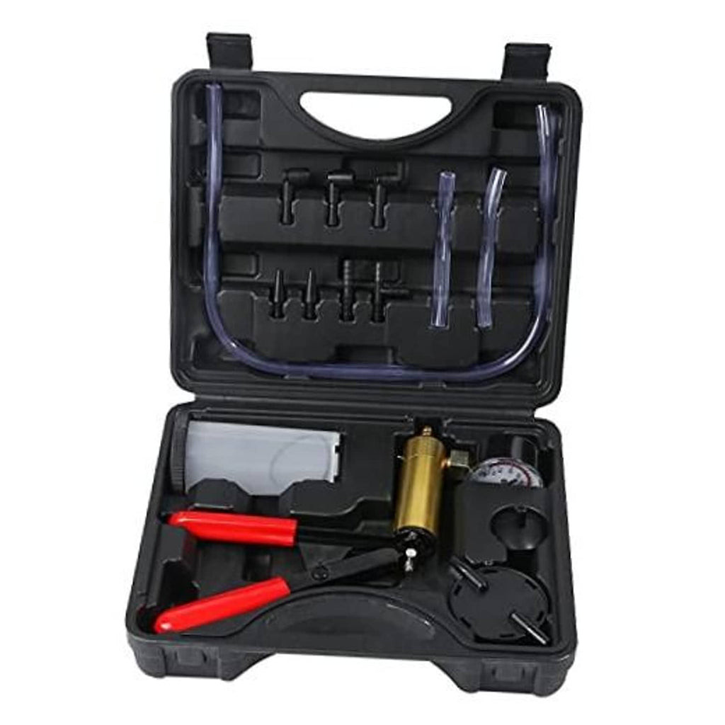 Brake bleeder vacuum pump kit with hand pump, pressure gauge, adapters, and red handles in black case