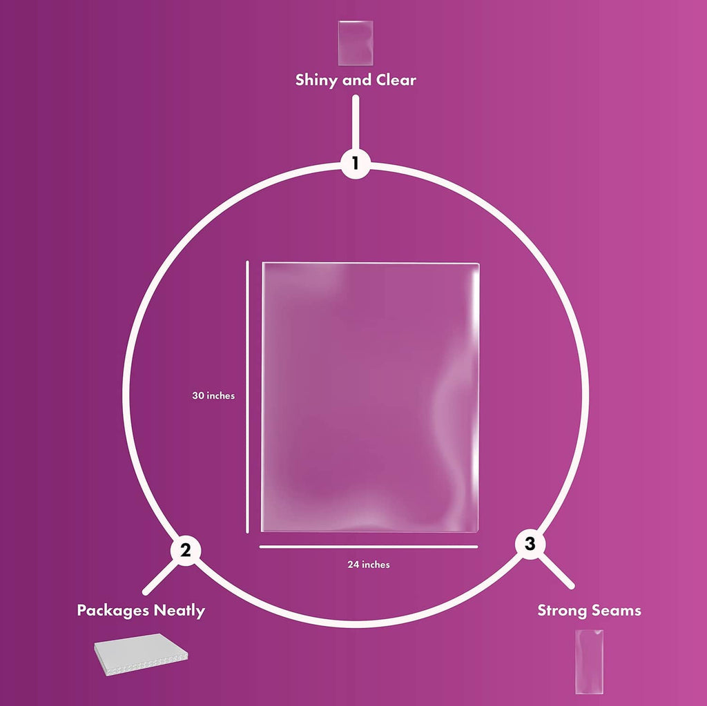 Clear shrink wrap basket bag sizing diagram with 30 in height and 24 in width