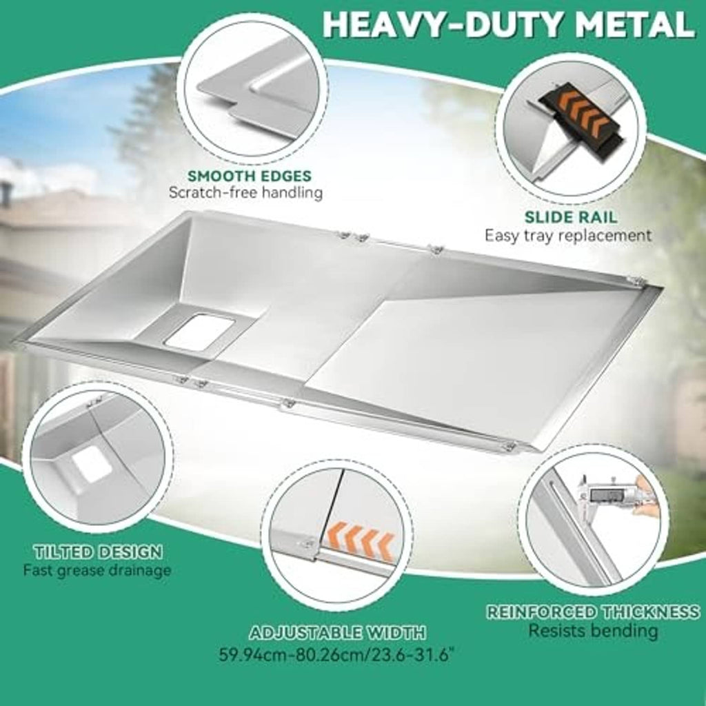 Heavy-duty metal grease tray replacement with smooth edges and slide-rail design