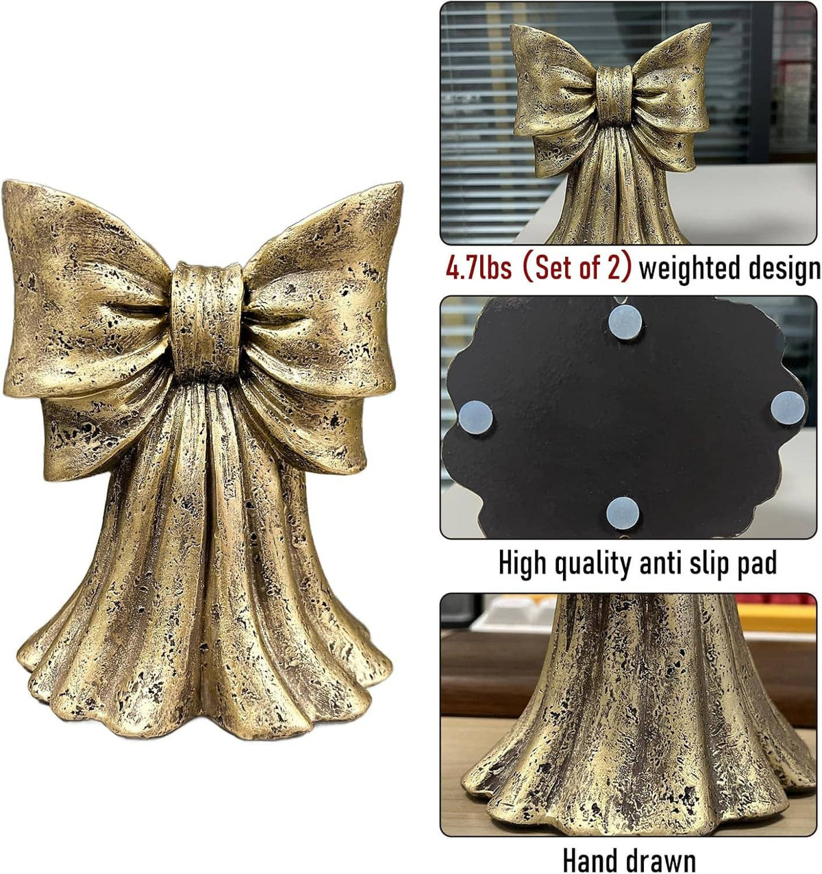 Gold bow bookends set of 2 with weighted base and anti-slip pad