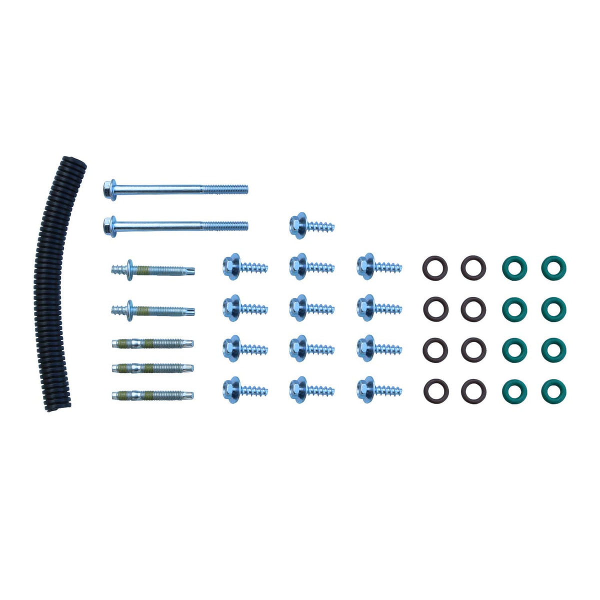 Intake manifold hardware kit: screws, bolts, and green-ring gaskets on white background