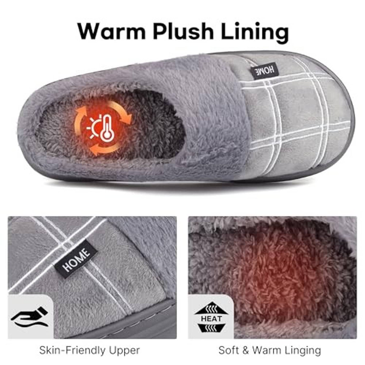 Grey plush warm-lining house slippers with plaid strap and textured grippy sole