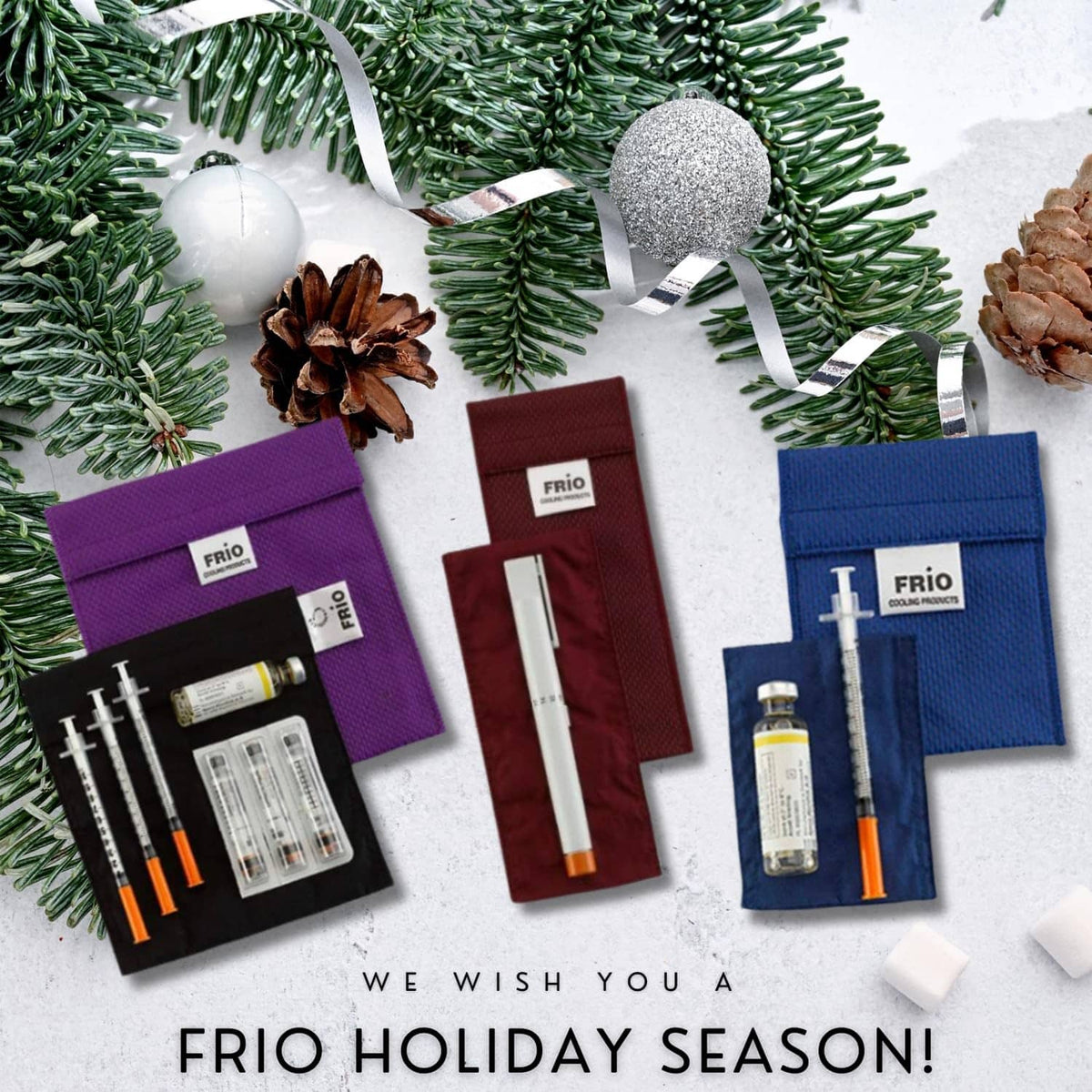 Multiple FRIO cooling wallets in assorted colors arranged on a holiday backdrop
