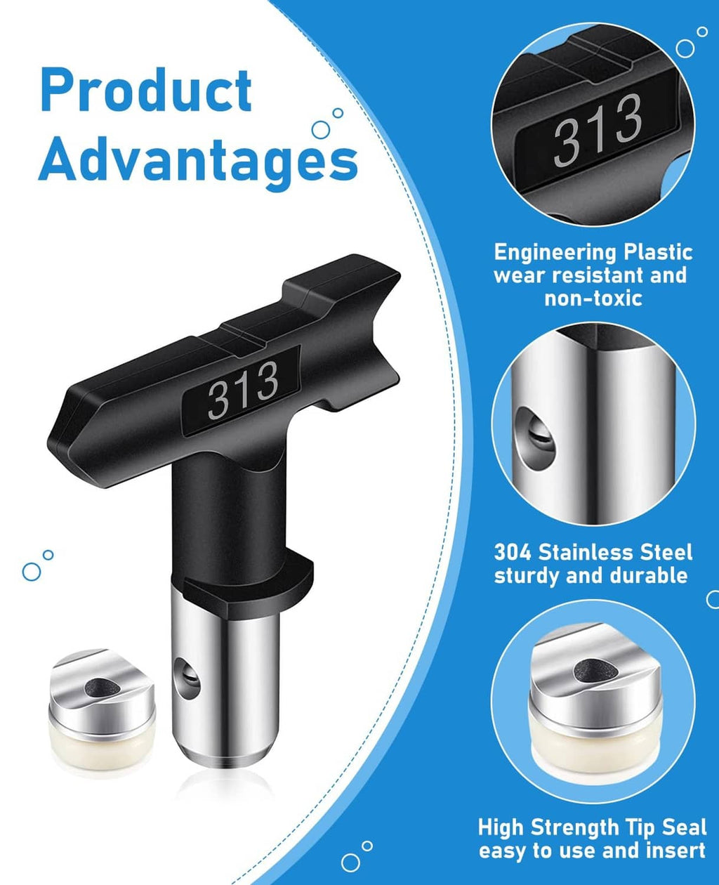 Reversible 313 airless spray nozzle tip, black plastic body with silver metal base