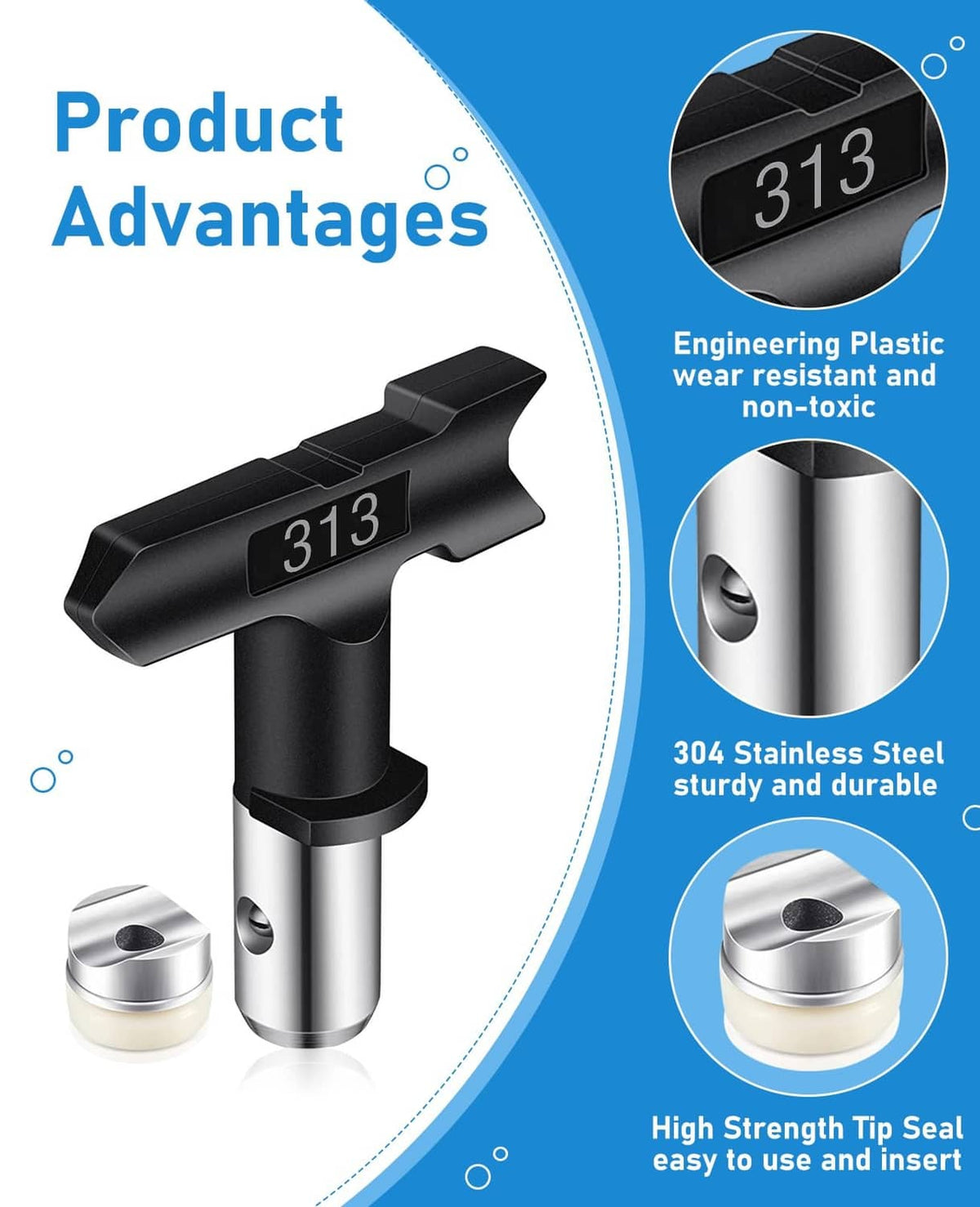 Reversible 313 airless spray nozzle tip, black plastic body with silver metal base