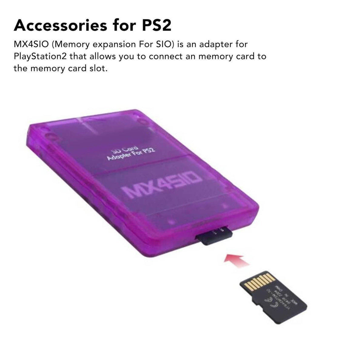 Purple SD card adapter for PS2 with SD card shown near the connector slot.