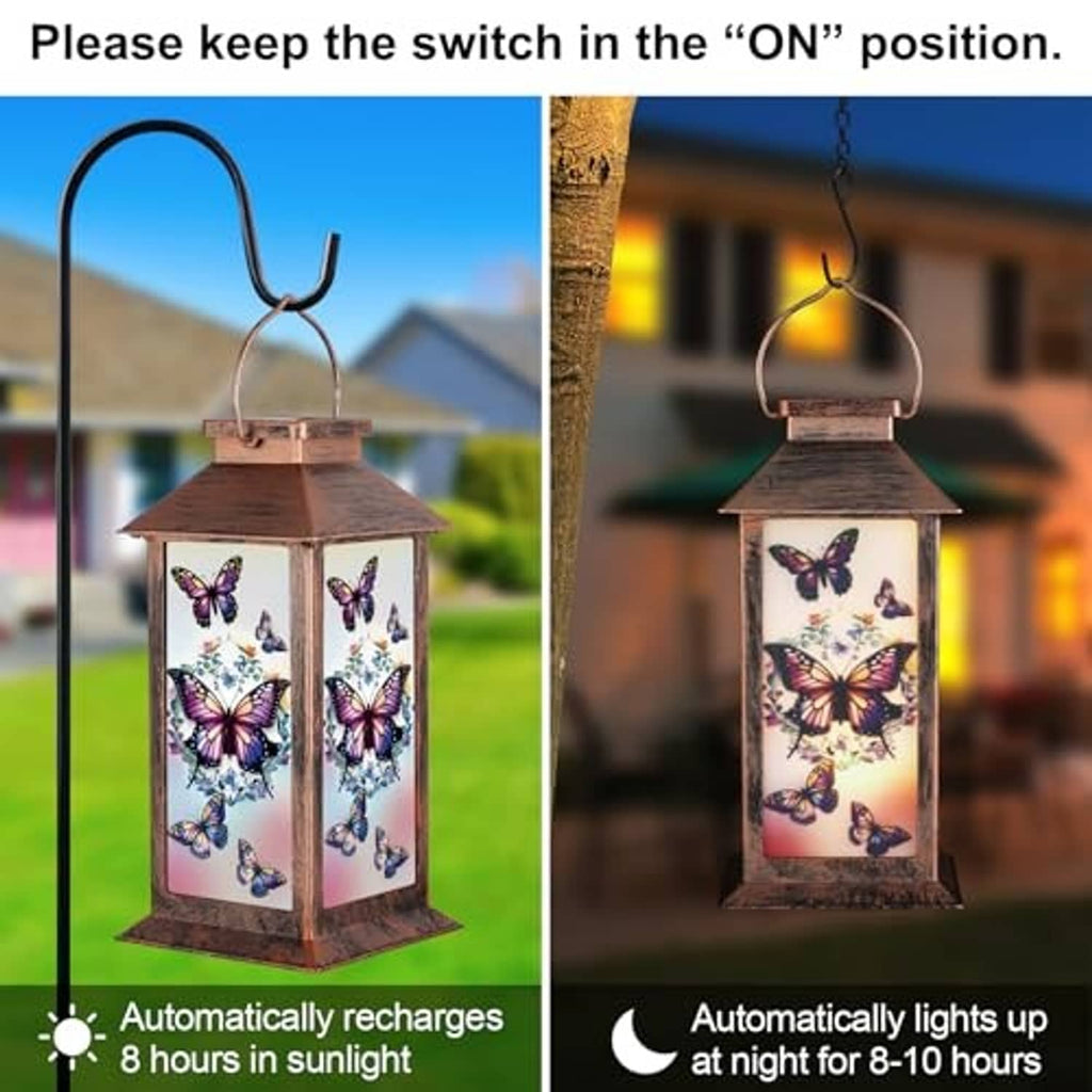 Solar butterfly lantern with copper frame; clear panels show purple and pink butterflies