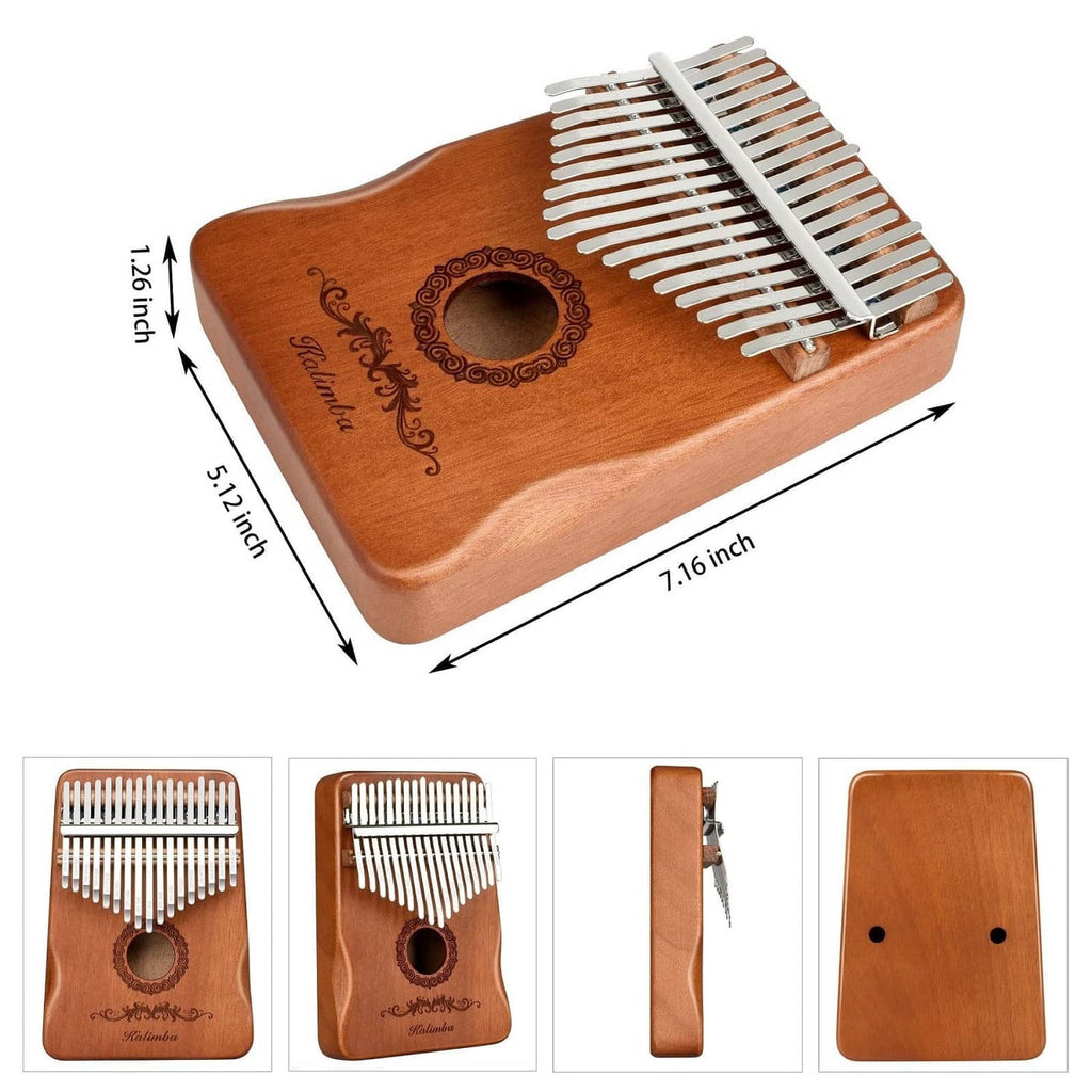 Brown 17-key kalimba thumb piano with engraved sound hole, angled top view