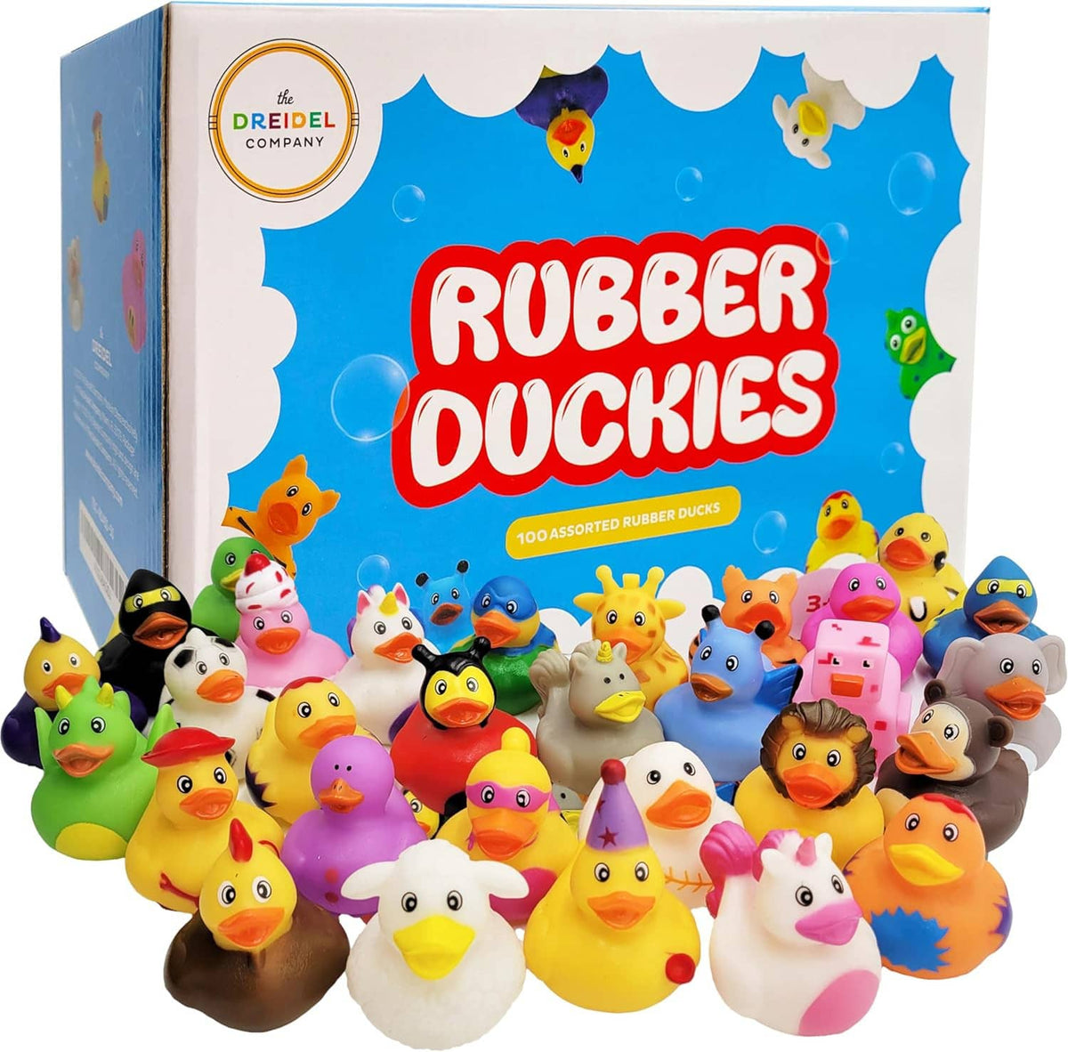 Assorted rubber duck toy display box with many colorful bath ducks for play and gifting