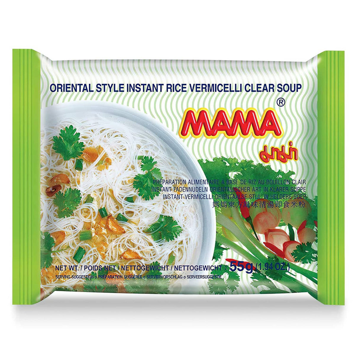 MAMA instant rice vermicelli clear soup noodle pouch, green package