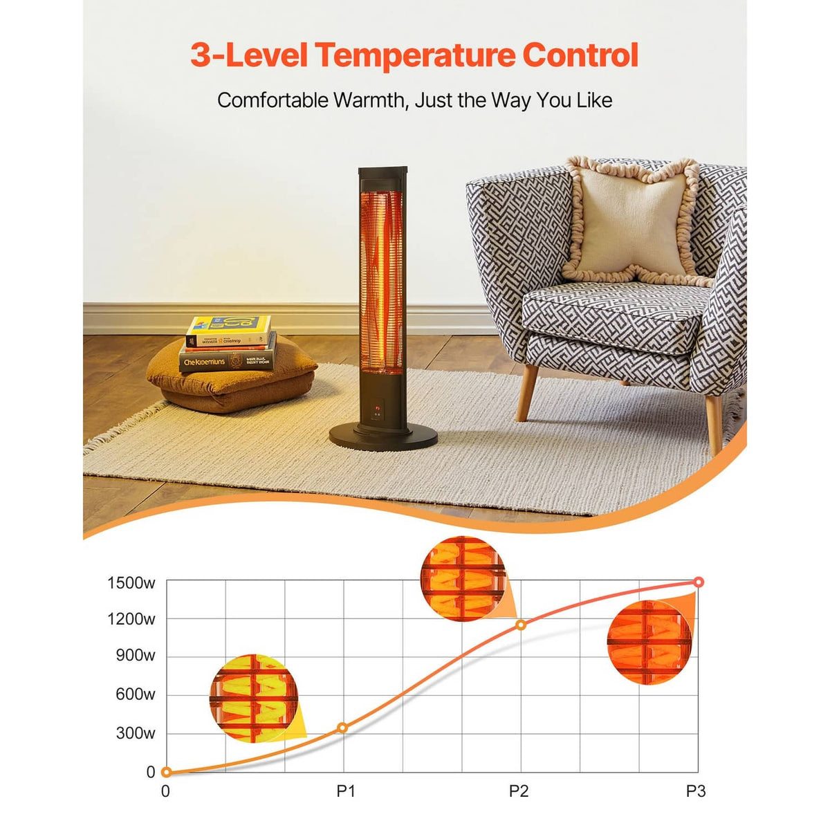 Infrared space heater tower with glowing heating tube and adjustable settings
