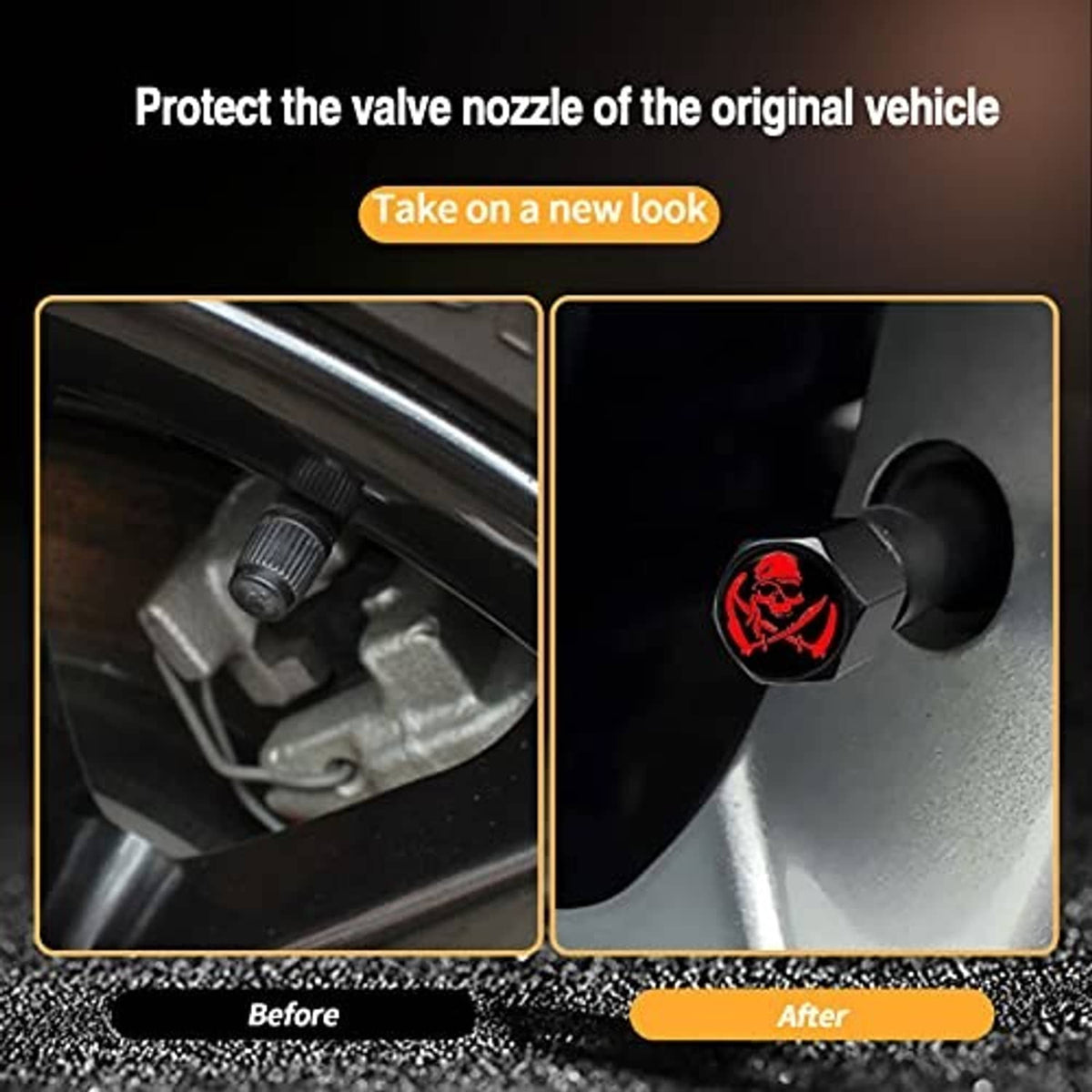 Black tire valve stem caps with red skull logos, protecting a valve nozzle