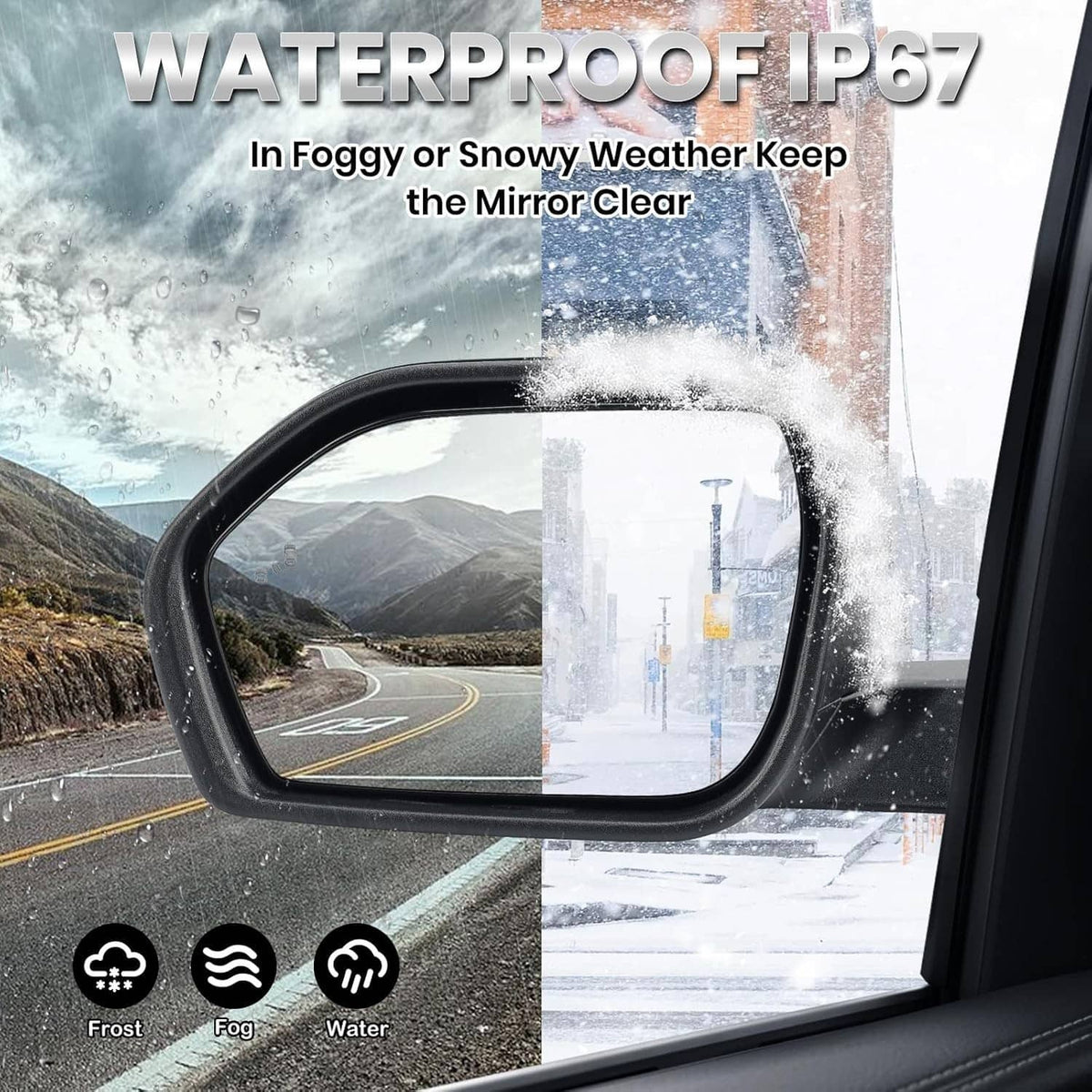 Heated side mirror with frost-free clear glass, black housing