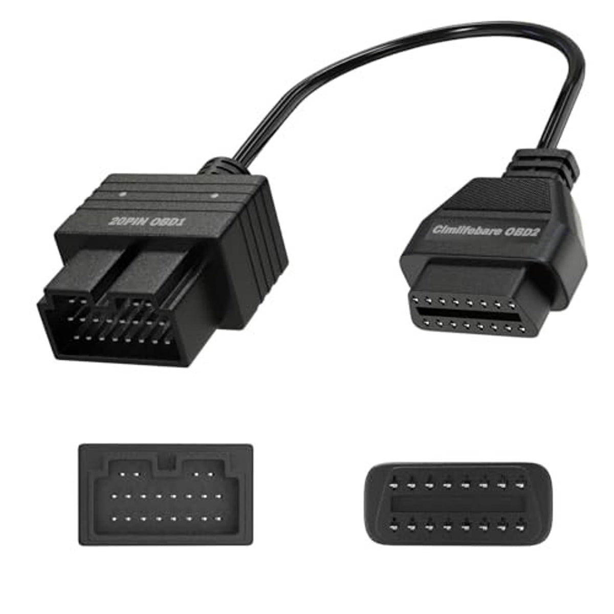 OBD1 to OBD2 adapter cable with two black plugs: 20-pin OBD1 and 16-pin OBD2