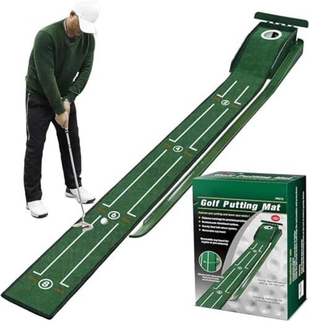 Green golf putting green mat with ball return track, alignment lines, and end opening