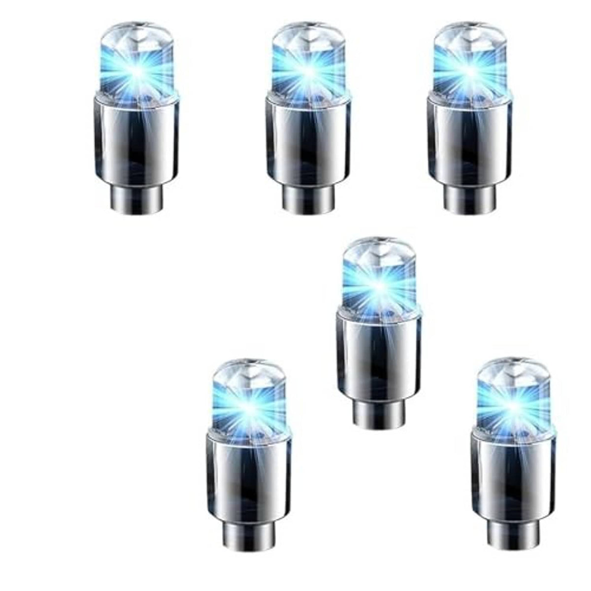 Six chrome LED valve stem caps with glowing blue LEDs and clear protective tops