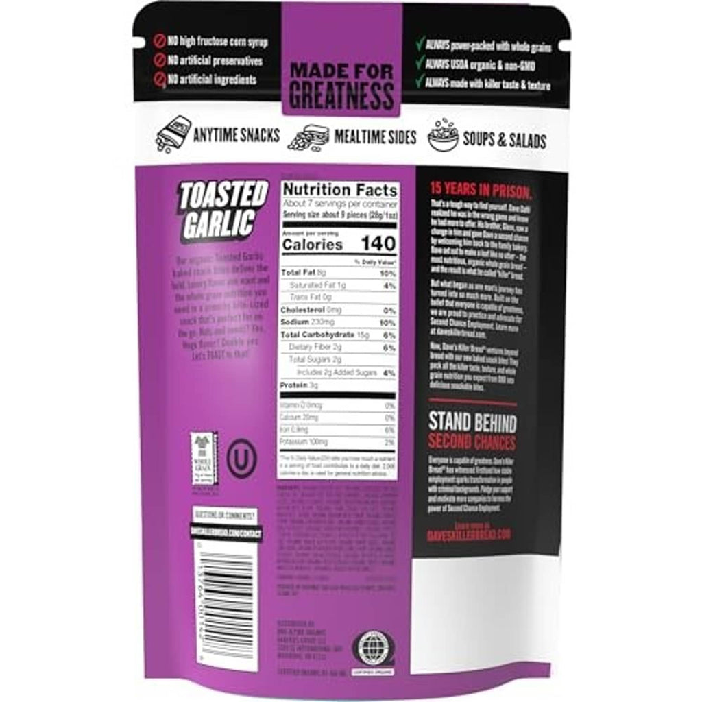 Toasted garlic snack bites bag back panel with nutrition facts and barcode