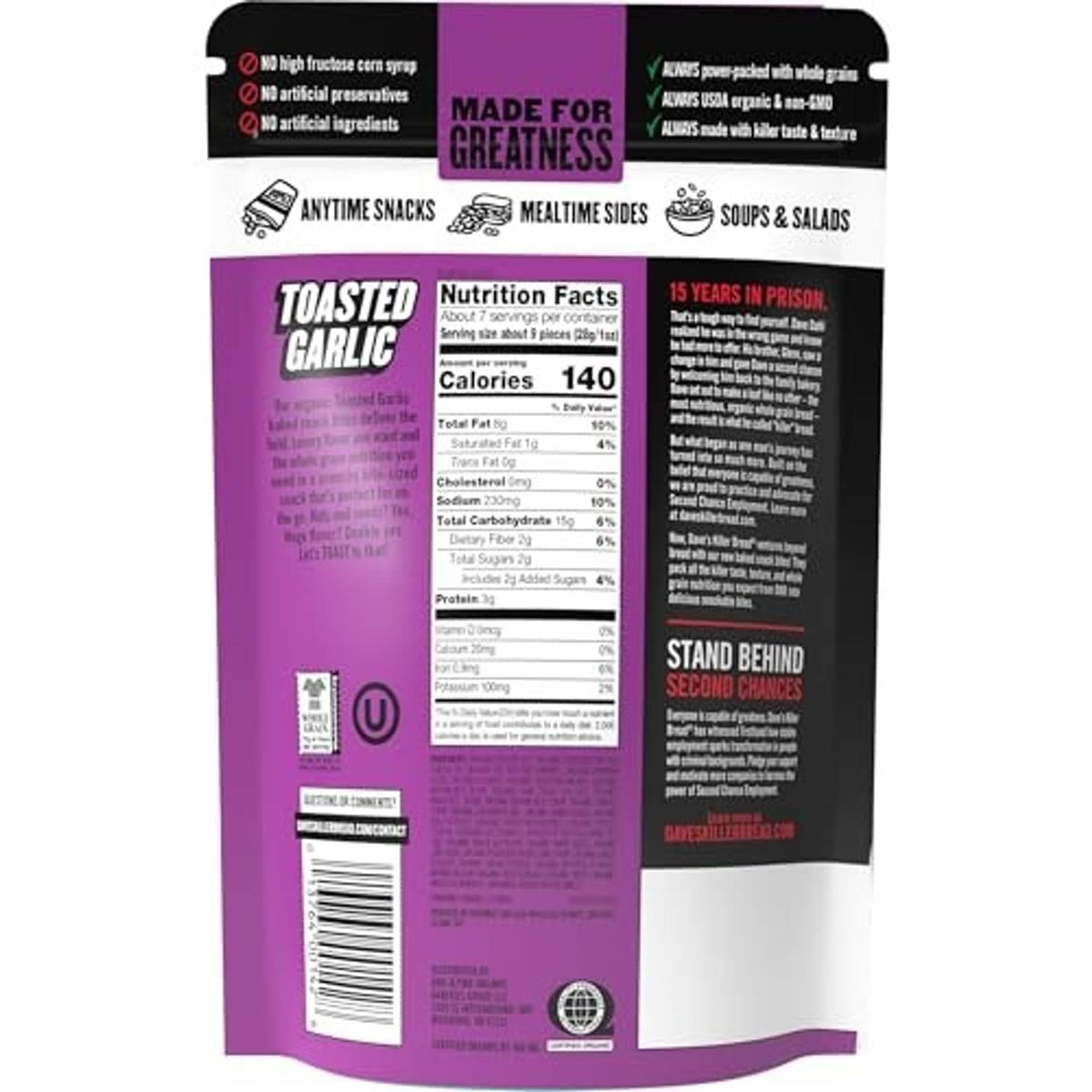 Toasted garlic snack bites bag back panel with nutrition facts and barcode