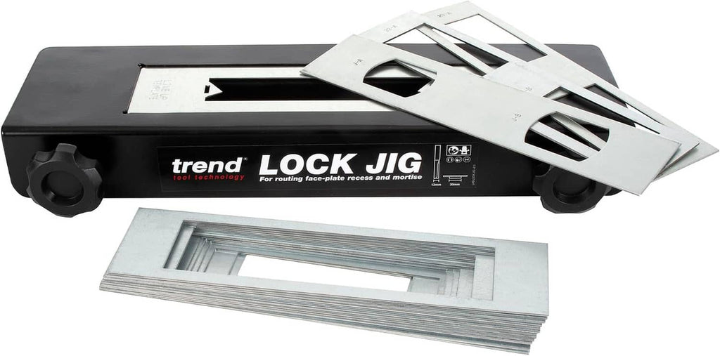Professional lock jig with adjustable fence, black base, and metal template pieces