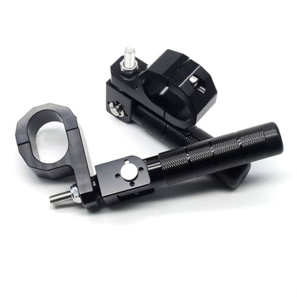 Motorcycle passenger folding footrest and peg set, black textured bars with top mounting plate.