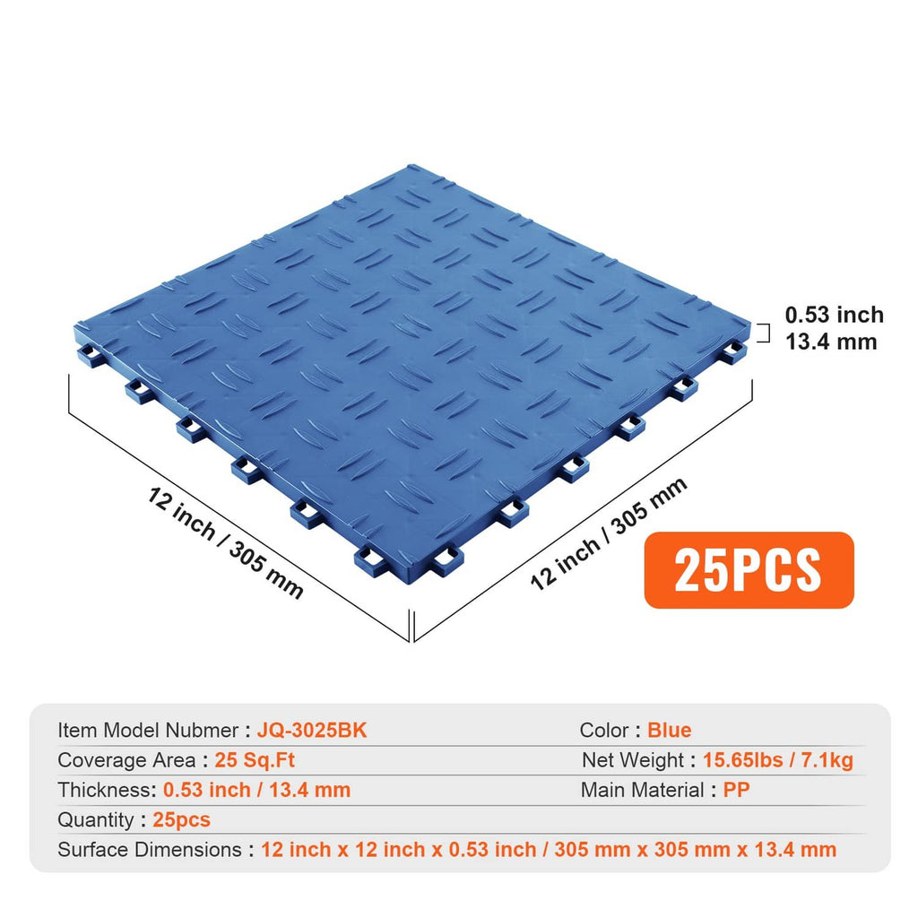 Blue square interlocking garage floor tiles with raised texture and snap-lock tabs