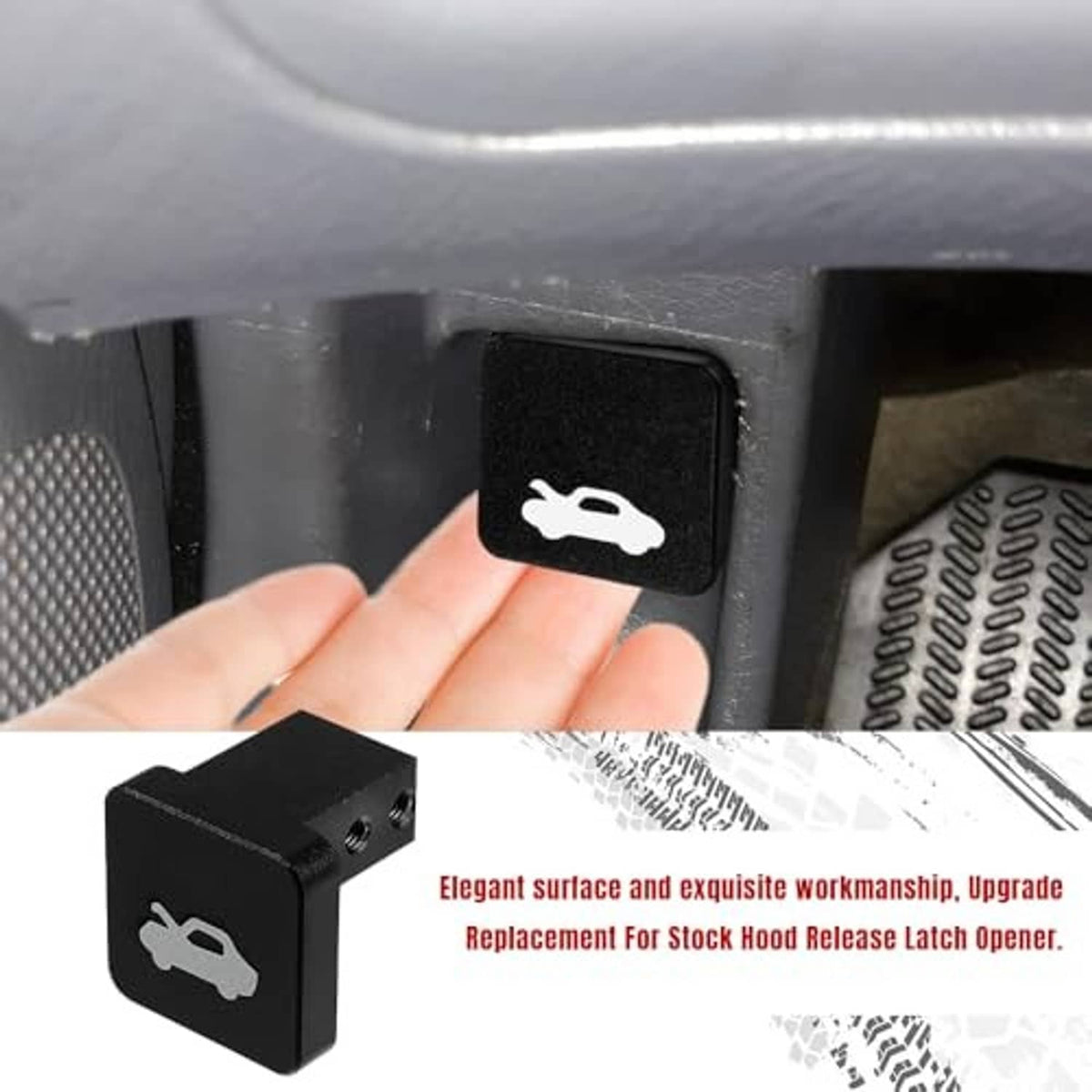 Black hood release handle icon button on panel, with hand pressing it