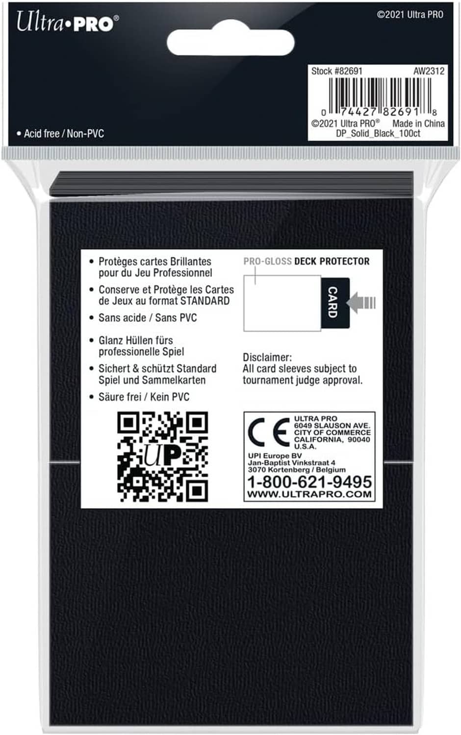 Back of black Pro-Gloss standard deck protector sleeves package with details