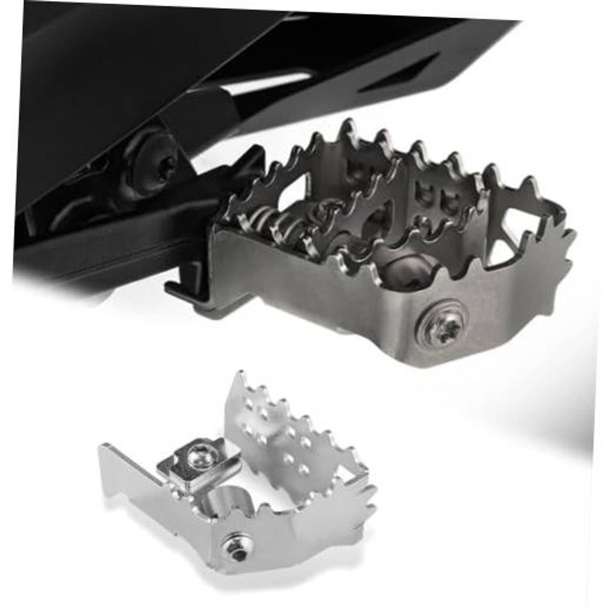 Metal motorcycle footpeg bracket with black serrated insert and mounting bolt
