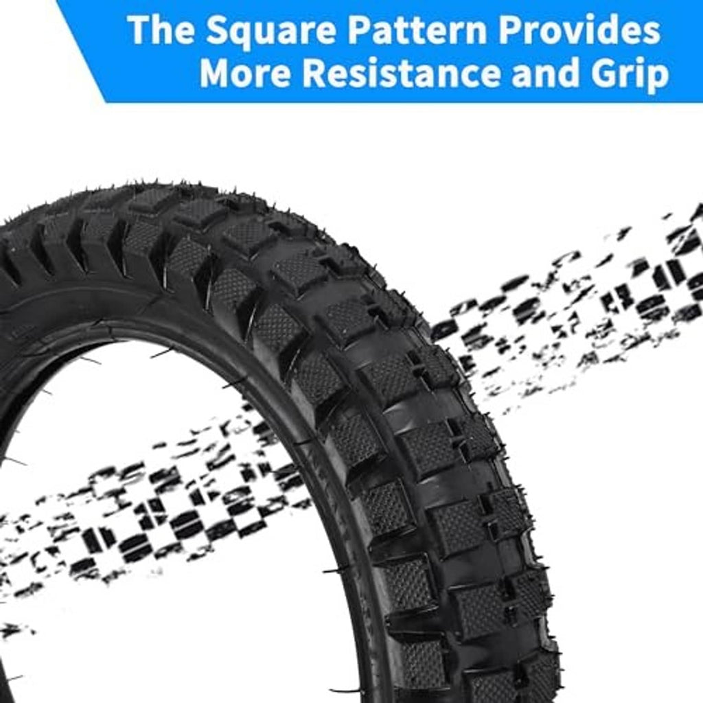 Black tire with square tread blocks on inner tube, traction-focused tread texture.