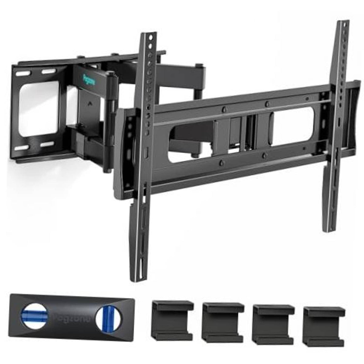 Full-motion TV wall mount with flat bracket and extendable arms, dark gray/black.
