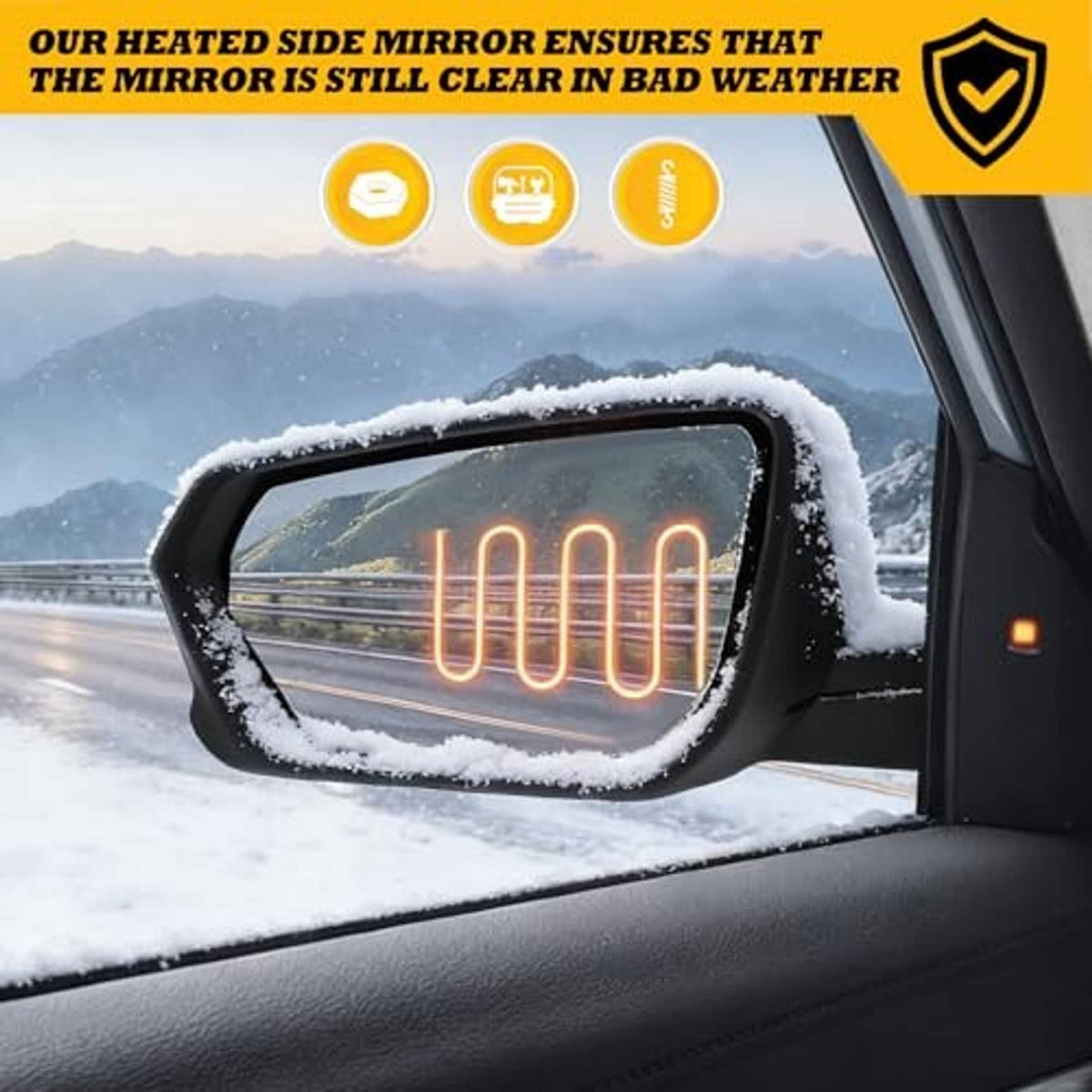 Heated left driver side mirror with defrost lines and snow-covered glass