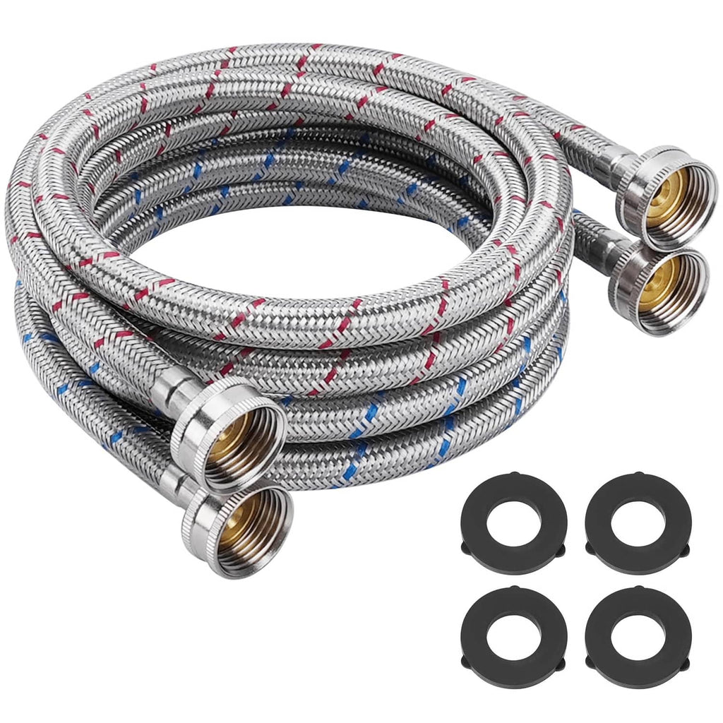 Braided stainless steel washing machine hoses set with 3/4in NPT brass ends and washers