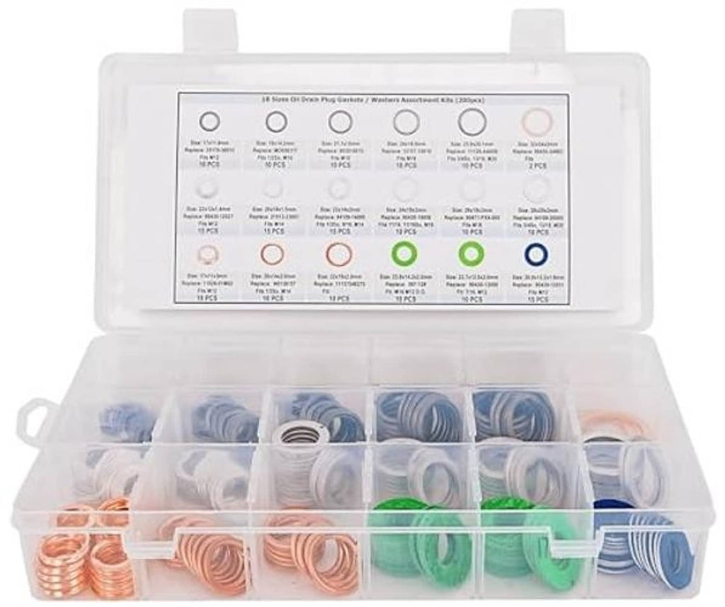 Oil drain plug gasket washer assortment kit, open clear case showing rows of ring gaskets