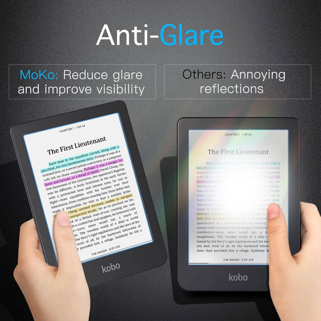 Anti-glare screen protector on e-reader, hands holding tablet with reduced reflections